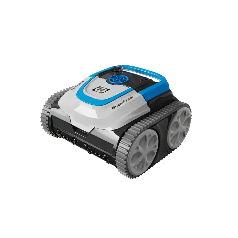 Blå och vit Hayward iPower Shark robotpoolrengörare med grå band